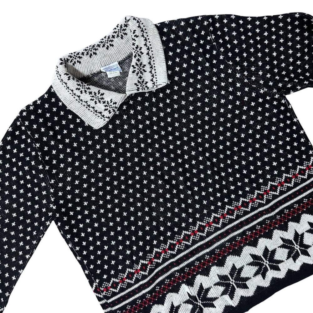 Vintage 1980s Black White Snowflake Knit Sweater Large Bedford Fair USA Acrylic